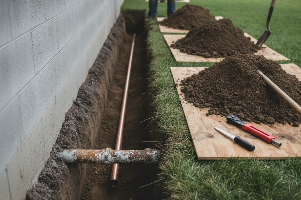 Excavated water line trench during Water Softener Installation in West Liberty